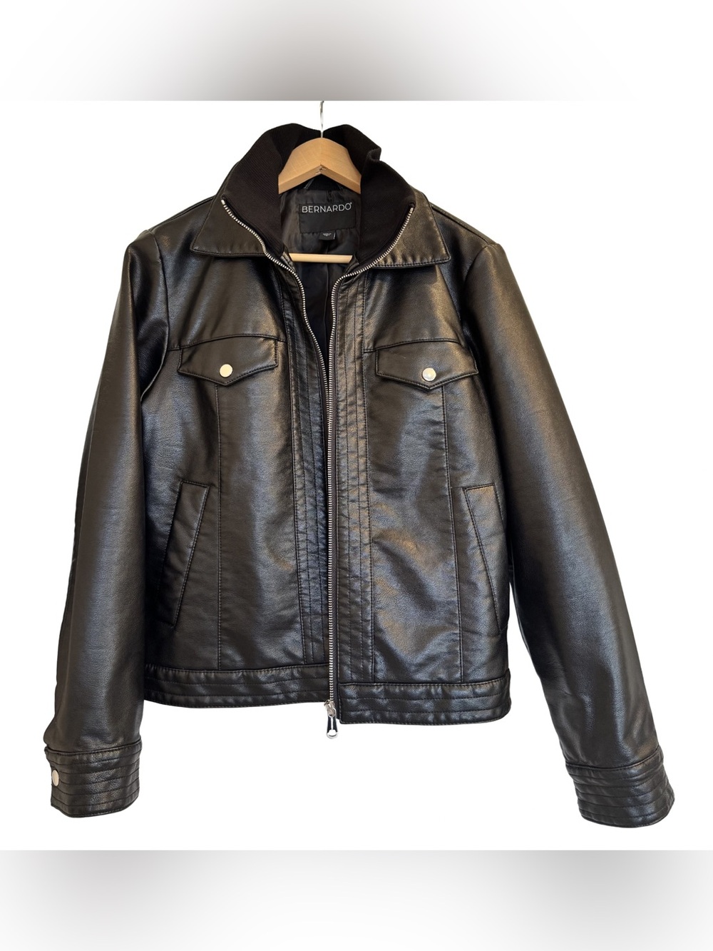Bernardo Black Faux Leather Jacket Rib Knit Collar Moto Utility Jacket M
